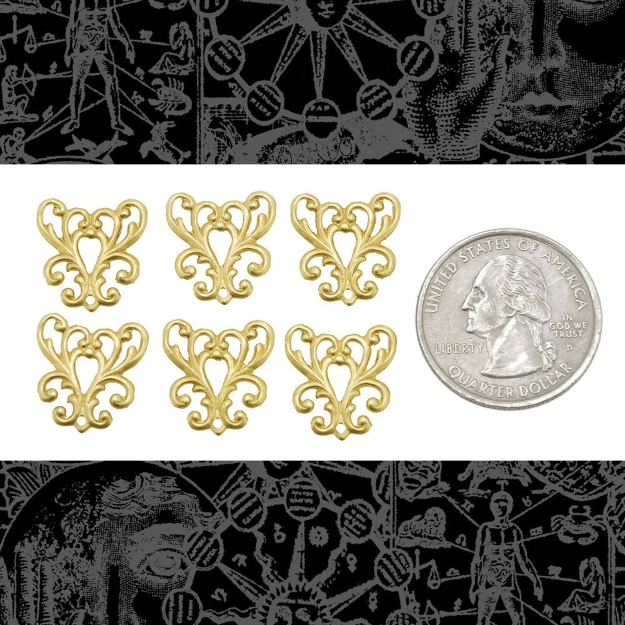 Raw Brass Ornate Filigree Heart Connectors - Set of Six - B-3C04